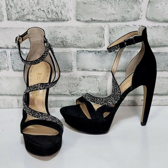 Enzo Angiolini Eataelon Womens 6M Black Jeweled High‎ Heel Strappy Ankle Formal - Picture 1 of 10
